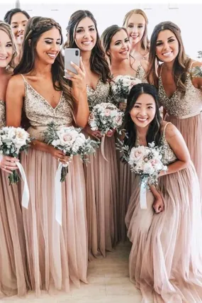A-Line V-neck Sequins Tulle Blush Long Bridesmaid Dresses PB127