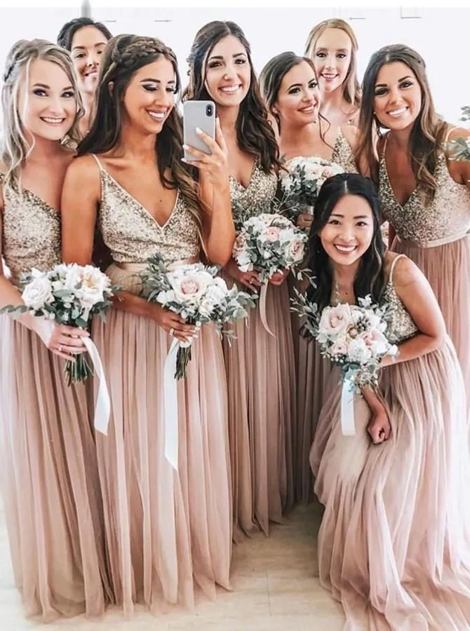 A-Line V-neck Sequins Tulle Blush Long Bridesmaid Dresses PB127