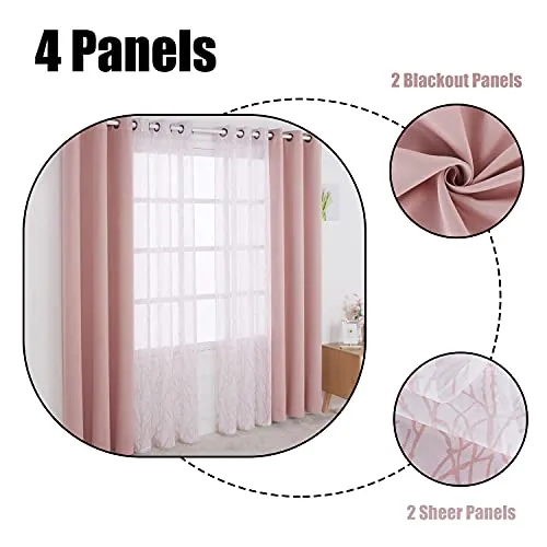 BONZER Mix and Match Curtains - 2 Pieces Branch Print Sheer Curtains and 2 Pieces Blackout Curtains for Bedroom Living Room Grommet Window Drapes, 37x63 Inch/Panel, Blush, Set of 4 Panels