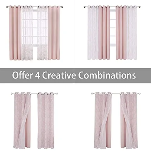BONZER Mix and Match Curtains - 2 Pieces Branch Print Sheer Curtains and 2 Pieces Blackout Curtains for Bedroom Living Room Grommet Window Drapes, 37x63 Inch/Panel, Blush, Set of 4 Panels