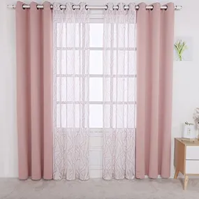 BONZER Mix and Match Curtains - 2 Pieces Branch Print Sheer Curtains and 2 Pieces Blackout Curtains for Bedroom Living Room Grommet Window Drapes, 37x63 Inch/Panel, Blush, Set of 4 Panels