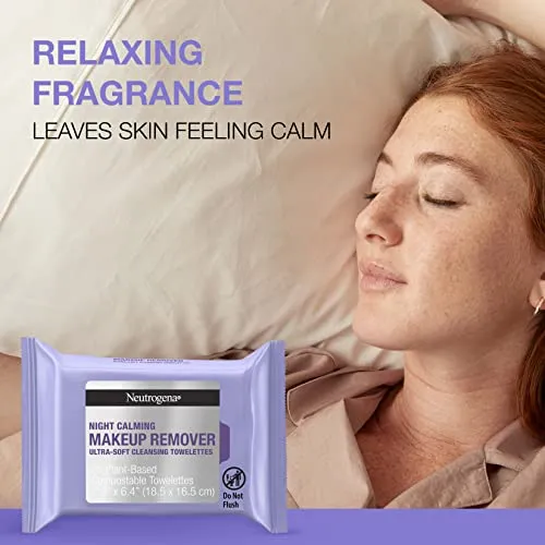 Neutrogena Night Calming Makeup Remover Face Wipes, Nighttime Cleansing Towelettes Remove Sweat, Dirt & Makeup & Calms Skin, Hypoallergenic, 100% Plant Based Cloth, Twin Pack, 2 x 25 ct