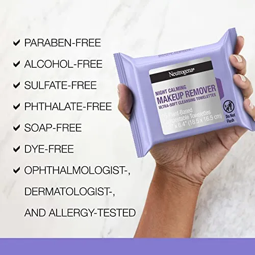 Neutrogena Night Calming Makeup Remover Face Wipes, Nighttime Cleansing Towelettes Remove Sweat, Dirt & Makeup & Calms Skin, Hypoallergenic, 100% Plant Based Cloth, Twin Pack, 2 x 25 ct