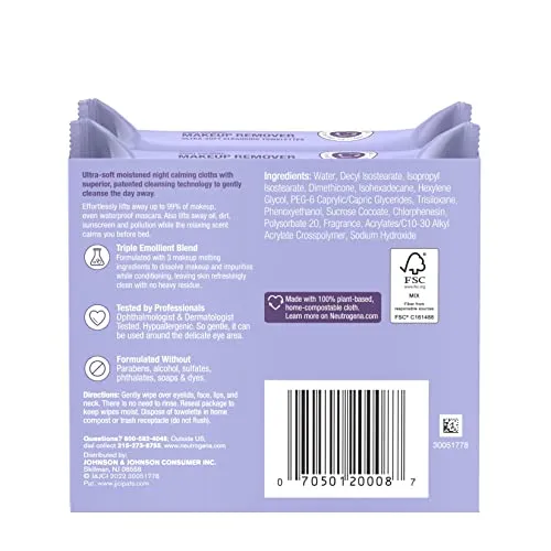 Neutrogena Night Calming Makeup Remover Face Wipes, Nighttime Cleansing Towelettes Remove Sweat, Dirt & Makeup & Calms Skin, Hypoallergenic, 100% Plant Based Cloth, Twin Pack, 2 x 25 ct