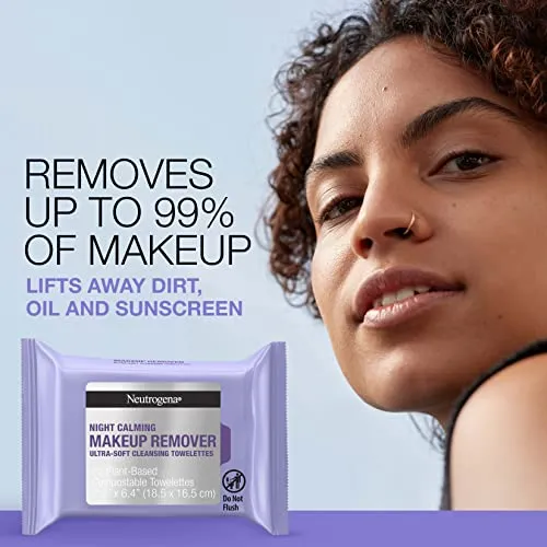 Neutrogena Night Calming Makeup Remover Face Wipes, Nighttime Cleansing Towelettes Remove Sweat, Dirt & Makeup & Calms Skin, Hypoallergenic, 100% Plant Based Cloth, Twin Pack, 2 x 25 ct
