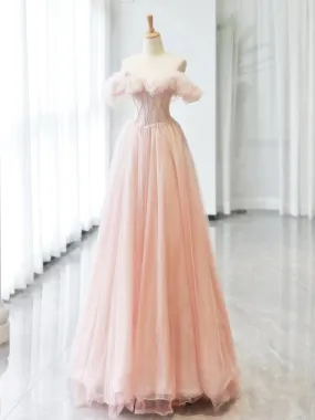 Off the Shoulder Pink Tulle Long Prom Dresses, Off Shoulder Pink Tulle Long Formal Evening Dresses