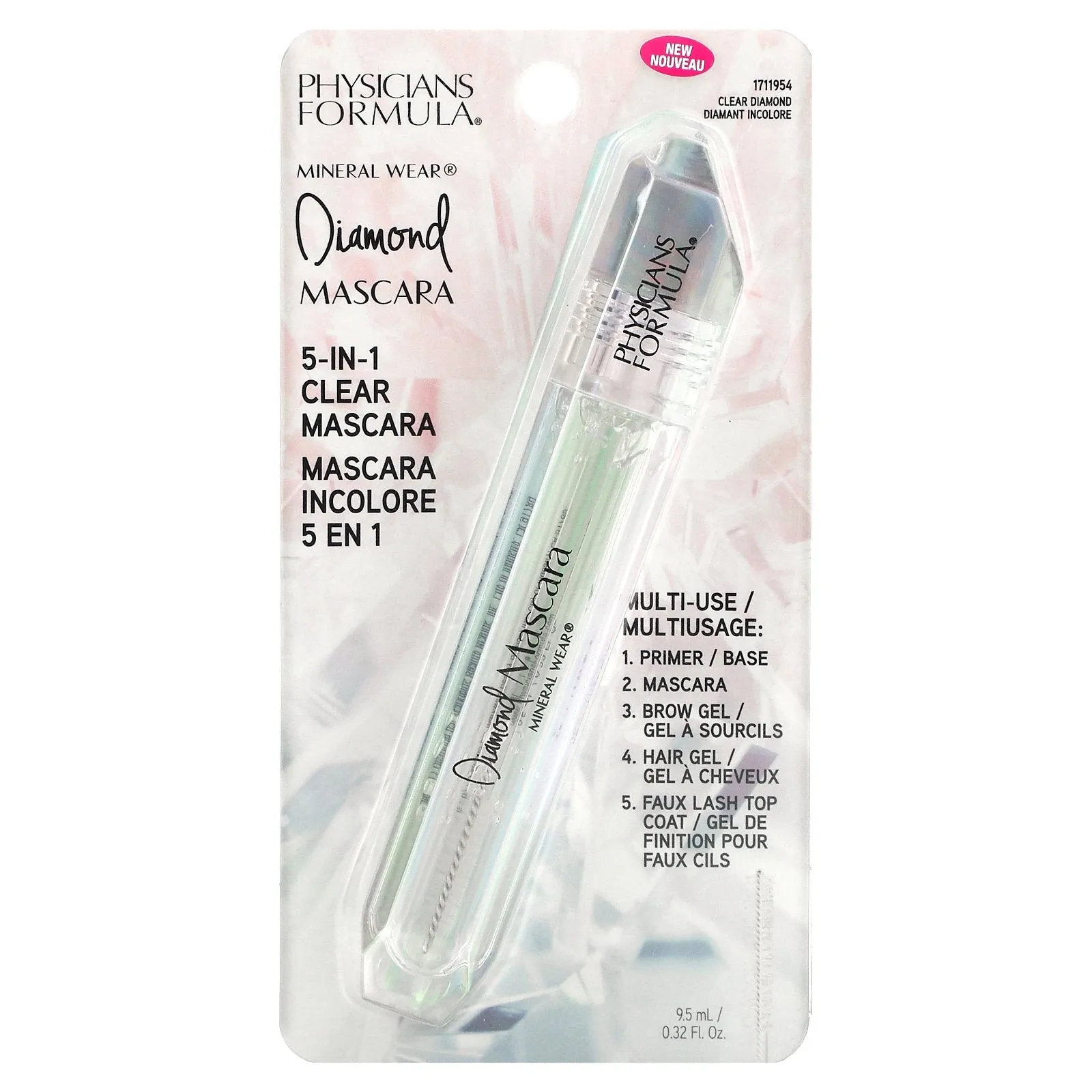 Physicians Formula, Mineral Wear, Diamond Mascara, 5-In-1 Clear Mascara, 1711954 Clear Diamond, 0.32 fl oz (9.5 ml)