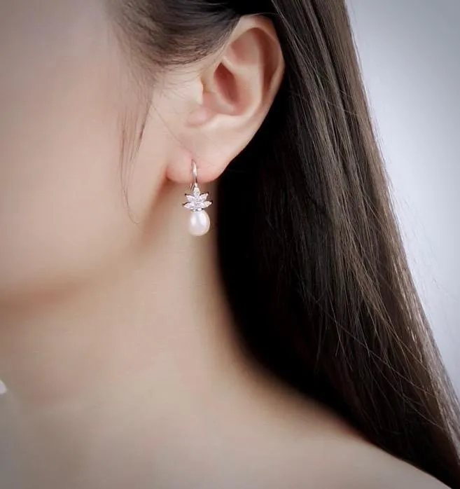 "Rosine" - Sterling Silver Pearl and Cubic Zirconia Bridal Earrings - More Colors