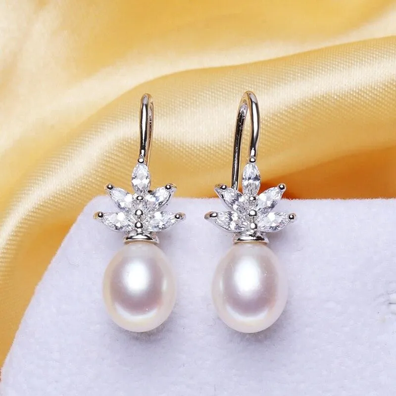 "Rosine" - Sterling Silver Pearl and Cubic Zirconia Bridal Earrings - More Colors